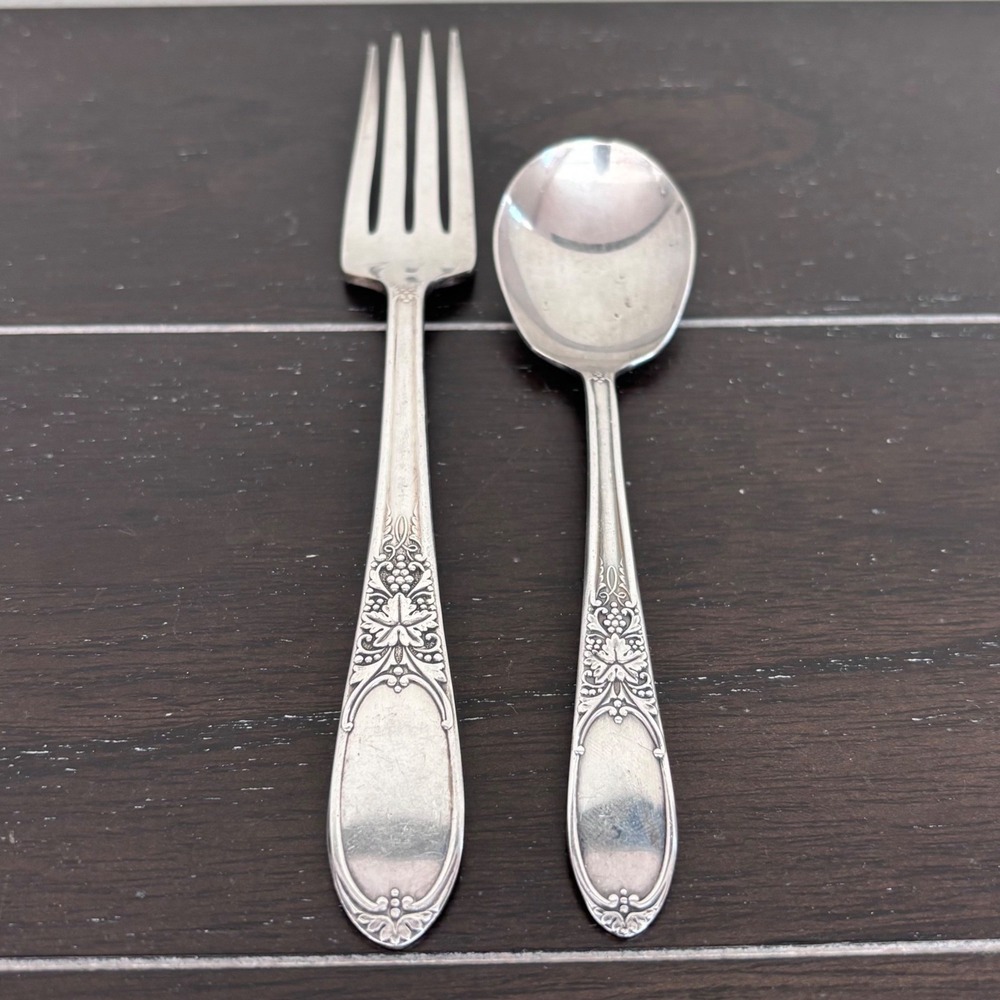 Vintage Wm Rogers & Son Burgundy Champagne Silverplate Fork‎ and Sugar Spoon Set